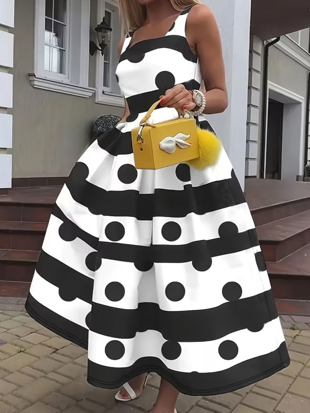 Elegant Polka Dot Striped Flared Stretch Tank Dress